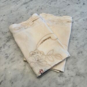 Vintage Embroidered Pillow Shams Linen Floral Lace Trim Pair Cream Beige